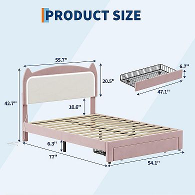 Upholstered LED Bed Frame with Storage Drawer & Cute Cat Headboard, Velvet Princess Platform Bed