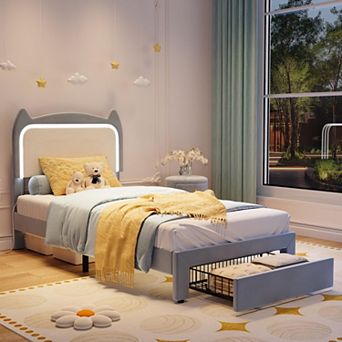 Upholstered LED Bed Frame with Storage Drawer & Cute Cat Headboard, Velvet Princess Platform Bed