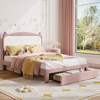 Upholstered LED Bed Frame with Storage Drawer & Cute Cat Headboard, Velvet Princess Platform Bed