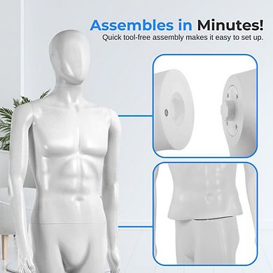 Full-Body Male Mannequin, 73" Tall, Adjustable Head, Flexible Limbs, Detachable for Displays