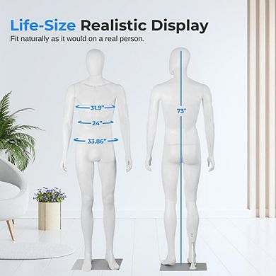 Full-Body Male Mannequin, 73" Tall, Adjustable Head, Flexible Limbs, Detachable for Displays