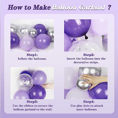 Purple Balloon Arch Kit 147 pcs with Lavender, Silver & Confetti Balloons for Party Decor