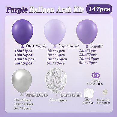 Purple Balloon Arch Kit 147 pcs with Lavender, Silver & Confetti Balloons for Party Decor