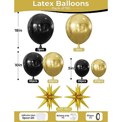 Black & Gold Balloon Arch Kit, 110 Pcs with Starburst Balloons for Parties, Weddings, & More