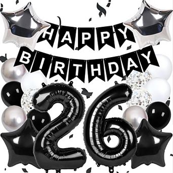 26th Birthday Decorations, Black & Silver Banner, 40" Balloons for Men & Women