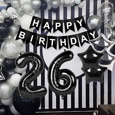 26th Birthday Decorations, Black & Silver Banner, 40" Balloons for Men & Women