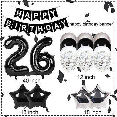 26th Birthday Decorations, Black & Silver Banner, 40" Balloons for Men & Women