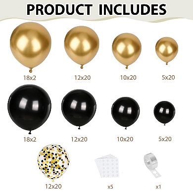 Black & Gold Balloon Arch Kit, 144 Pcs with Confetti Balloons for Parties & Events