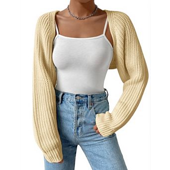 Women's Knit Crop Cardigan Long Sleeve Open Front Shrug Sweater Cover-Up