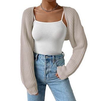 Women's Knit Crop Cardigan Long Sleeve Open Front Shrug Sweater Cover-Up
