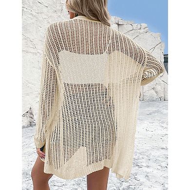 Women's Lightweight Cardigan Long Sleeve Open Front Loose Crochet Cover Up