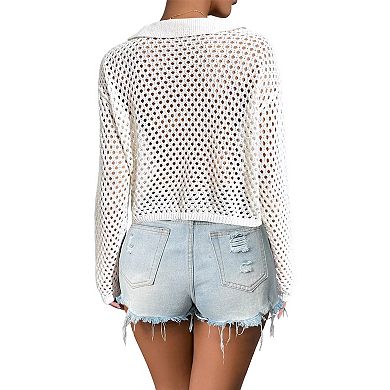 Womens Tie Front Crochet Cardigan Sweaters Beach Vacation Cover Up Long Sleeve Collared Shrug