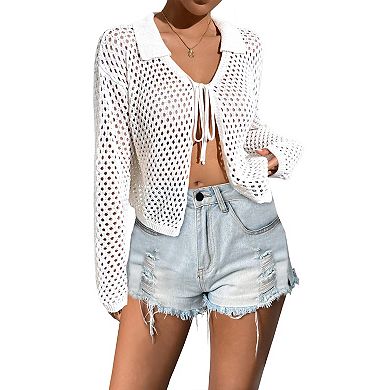 Womens Tie Front Crochet Cardigan Sweaters Beach Vacation Cover Up Long Sleeve Collared Shrug