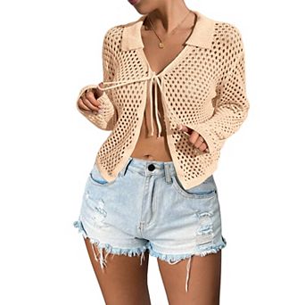 Womens Tie Front Crochet Cardigan Sweaters Beach Vacation Cover Up Long Sleeve Collared Shrug