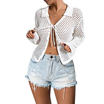 Womens Tie Front Crochet Cardigan Sweaters Beach Vacation Cover Up Long Sleeve Collared Shrug