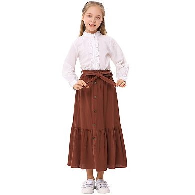Girls Button Front High Waisted Long Skirt with Belt Ruffled Skirts with Pocket