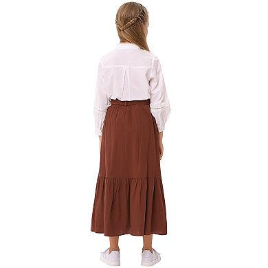 Girls Button Front High Waisted Long Skirt with Belt Ruffled Skirts with Pocket