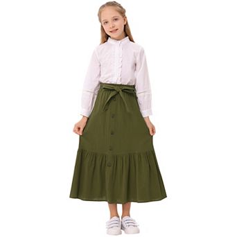 Girls Button Front High Waisted Long Skirt with Belt Ruffled Skirts with Pocket