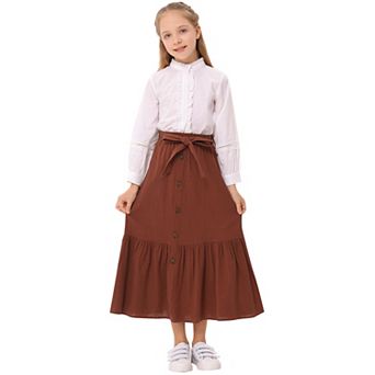 Girls Button Front High Waisted Long Skirt with Belt Ruffled Skirts with Pocket