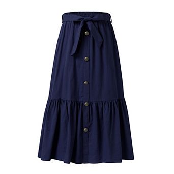 Girls Button Front High Waisted Long Skirt with Belt Ruffled Skirts with Pocket