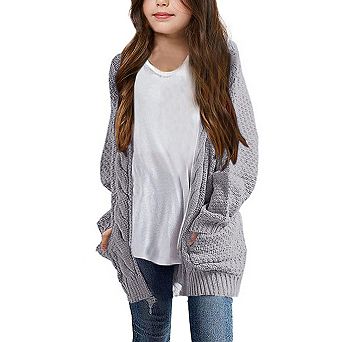 Girls Long Sleeve Cardigan Sweaters Open Front Cable Knit Coat