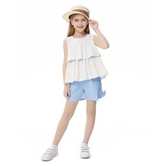 Girls Causal Sleeveless Top and Shorts Set with Pockets Two-Piece Outfit