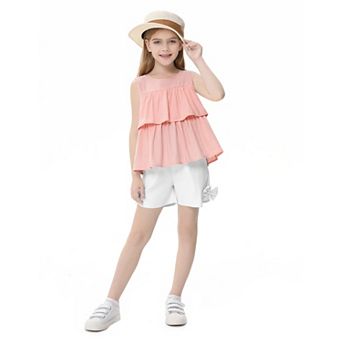Girls Causal Sleeveless Top and Shorts Set with Pockets Two-Piece Outfit