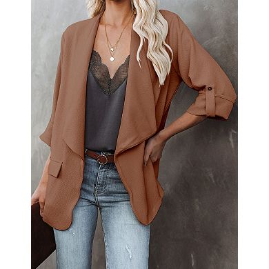 Womens Open Front Long Sleeve Casual Blazer Jacket Work Blazer with Pockets