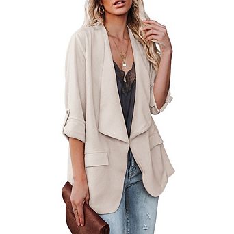 Womens Open Front Long Sleeve Casual Blazer Jacket Work Blazer with Pockets