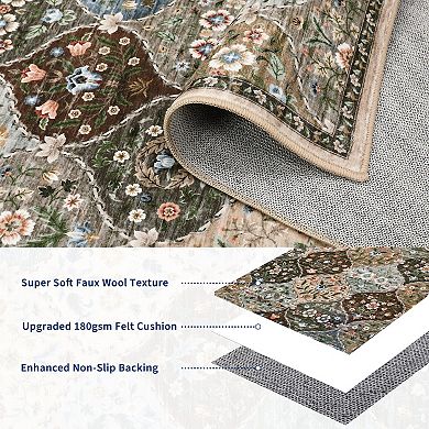 Retro Moroccan style Floral Printed Area Rug Machine Washable Non Slip Soft Rug for Living Spaces