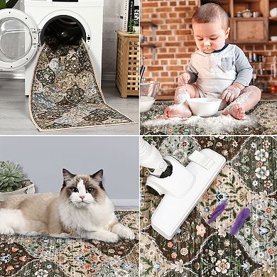 Retro Moroccan style Floral Printed Area Rug Machine Washable Non Slip Soft Rug for Living Spaces
