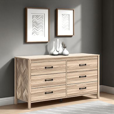 Bette Wide Dresser, 6 Drawers, Classic Light Oak Brown Finish, 60 Inch