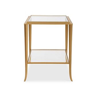 Fer Accent Table, 18 Inch Glass Top, Bottom Open Shelf, Gold Leaf Iron