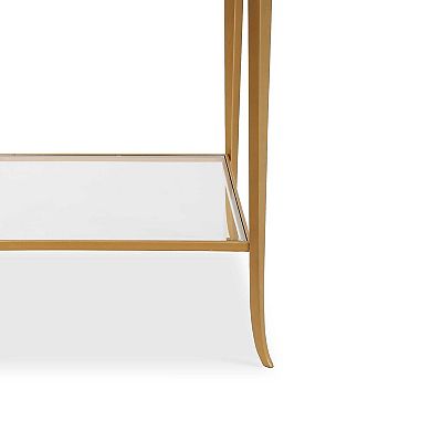 Fer Accent Table, 18 Inch Glass Top, Bottom Open Shelf, Gold Leaf Iron