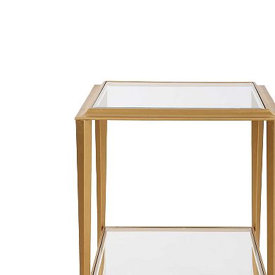 Fer Accent Table, 18 Inch Glass Top, Bottom Open Shelf, Gold Leaf Iron