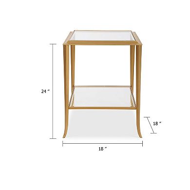 Fer Accent Table, 18 Inch Glass Top, Bottom Open Shelf, Gold Leaf Iron