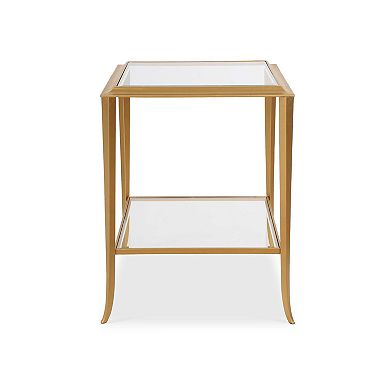 Fer Accent Table, 18 Inch Glass Top, Bottom Open Shelf, Gold Leaf Iron