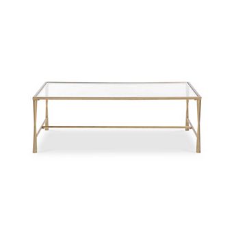 Ova Coffee Table, 47 Inch Rectangular Glass Top, Antique Gold Iron