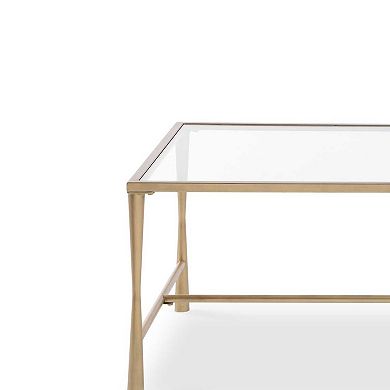 Ova Coffee Table, 47 Inch Rectangular Glass Top, Antique Gold Iron