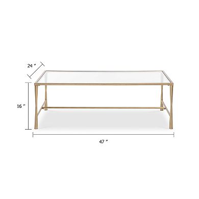 Ova Coffee Table, 47 Inch Rectangular Glass Top, Antique Gold Iron