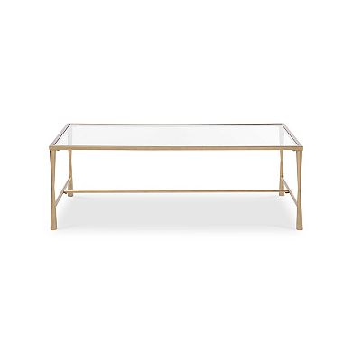 Ova Coffee Table, 47 Inch Rectangular Glass Top, Antique Gold Iron