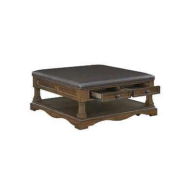 Rox Coffee Table, 39 Inch Brown Faux Leather Top, 4 Drawers and Shelf
