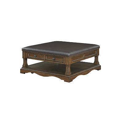 Rox Coffee Table, 39 Inch Brown Faux Leather Top, 4 Drawers and Shelf