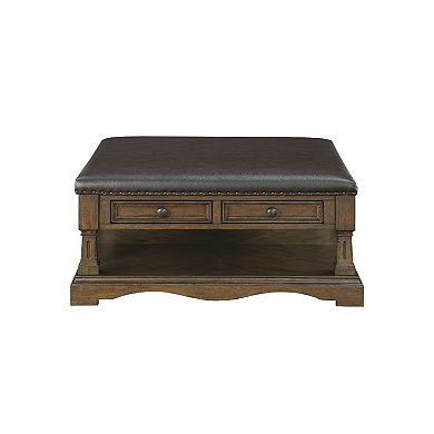 Rox Coffee Table, 39 Inch Brown Faux Leather Top, 4 Drawers and Shelf