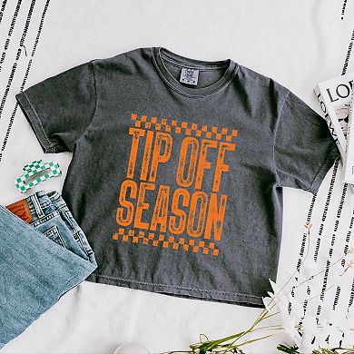 Tip Off Season Checkered Distressed - Women's Boxy Crop Top Graphic T-Shirt