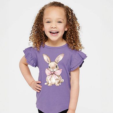 Bunny Watercolor With Bow - Flutter Sleeve Graphic T-Shirt