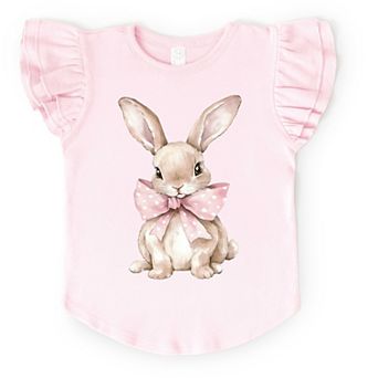 Bunny Watercolor With Bow - Flutter Sleeve Graphic T-Shirt