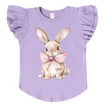 Bunny Watercolor With Bow - Flutter Sleeve Graphic T-Shirt