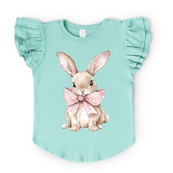 Bunny Watercolor With Bow - Flutter Sleeve Graphic T-Shirt