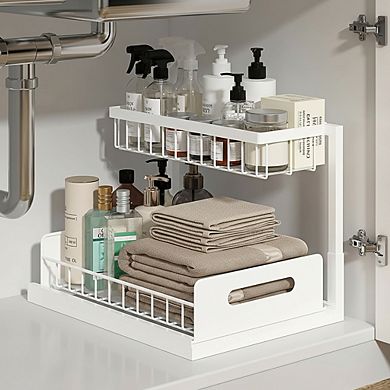 2-Tier Pull Out Under Sink Organizer, Slide-Out Storage Shelf for Kitchen & Bathroom, White